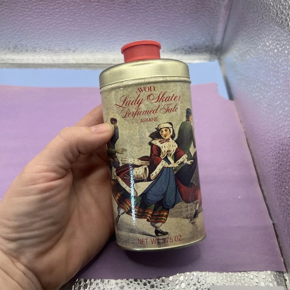 Vintage 1970's Avon perfumed Talc Tin In Ariane scent Bottle Lady Skater 3.75 Oz